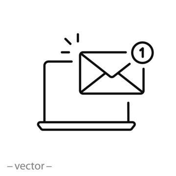 Laptop With Mail Icon, Message On The Desktop, Notification Marketing, Information In The Pc Mailbox, Alert Email, Thin Line Symbol On White Background - Editable Stroke Vector Eps10