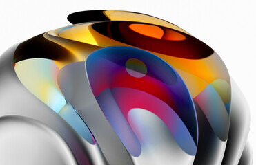 3d render of abstract art with part of surreal ball in organic curve round wavy biological forms in matte grey metal grey aluminum with striped glass parts in purple and orange gradient color 
