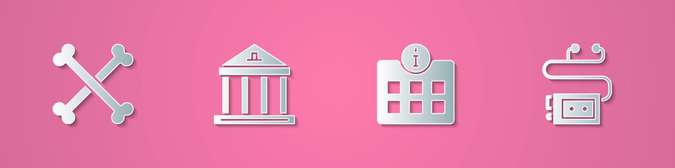 Set paper cut Crossed human bones, Museum building, Information and audio guide icon. Paper art style. Vector.