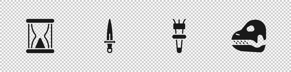 Set Old hourglass with sand, Dagger, Torch flame and Dinosaur skull icon. Vector.