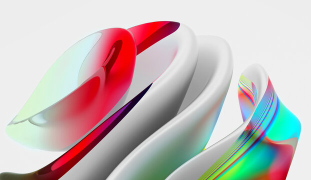 3d render of abstract art 3d background of surreal ball in organic curve round wavy biological forms in matte grey metal grey aluminum with striped glass parts in blue azure and red gradient color 