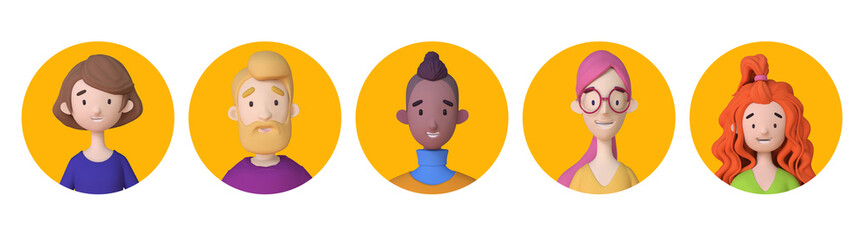 Young men and women faces and shoulders avatars on a yellow background. Trendy 3d illustration icons set.