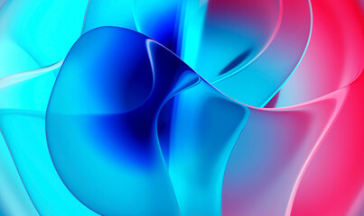 3d render of abstract art 3d background with part of surreal floral liquid glass substance in curve wavy round smooth and soft organic bio forms in blue and pink gradient color