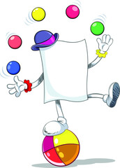 Colour vector illustration of a blank paper character juggling balls
