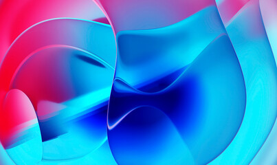3d render of abstract art 3d background with part of surreal floral liquid glass substance in curve wavy round smooth and soft organic bio forms in blue and pink gradient color