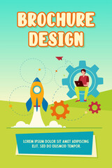 Happy guy developing project for startup. Rocket, launch, laptop flat vector illustration. Business or development concept for banner, website design or landing web page