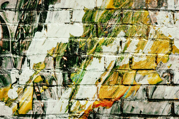 Abstract dirty painted Brick Graffiti wall close-up. Colorful grunge texture, for backgdrop