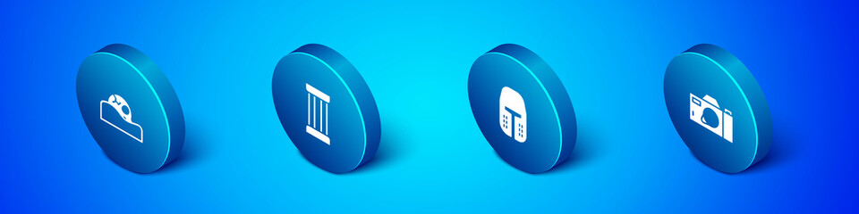 Set Isometric Human skull, Medieval iron helmet, Photo camera and Ancient column icon. Vector.