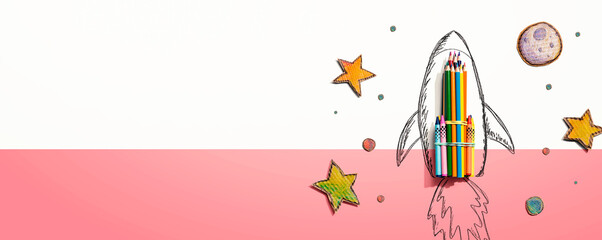 Back to school theme with hand drawn rocket and colored pencils