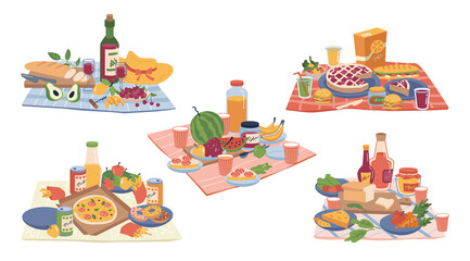 Picnic food and drinks, bottle of wine, snacks, fruits and vegetables isolated flat cartoon icons set. Vector napkins with fresh veggies, alcohol drinks, cheese, pizza sandwiches and bakery bread