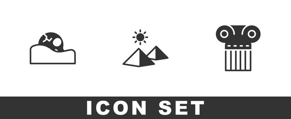 Set Human skull, Egypt pyramids and Ancient column icon. Vector.