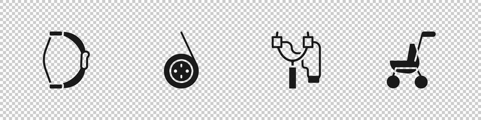 Set Bow toy, Yoyo, Slingshot and Baby stroller icon. Vector.