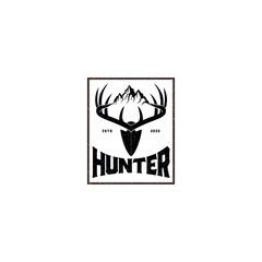 Spear Stag Deer Buck Antler Arrowhead with Mountain for Hunting Logo Design Inspiration