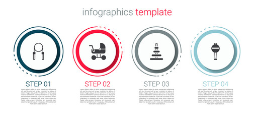 Set Jump rope, Baby stroller, Pyramid toy and Rattle baby. Business infographic template. Vector.