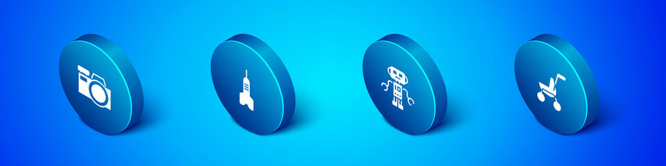 Set Isometric Photo camera, Robot toy, Baby stroller and Dart arrow icon. Vector.