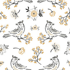 Birds and Flowers. Seamless Spring Floral Pattern. Summer Vector Flower Background with Songbirds
