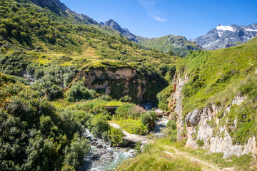 Fototapeta na wymiar Mountain river and wood bridge in Vanoise national Park valley, French alps