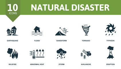 Natural Disaster icon set. Contains editable icons natural disaster theme such as flood, tornado, wildfire and more. - obrazy, fototapety, plakaty