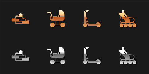 Set Toy building block bricks, Baby stroller, Scooter and Roller skate icon. Vector.