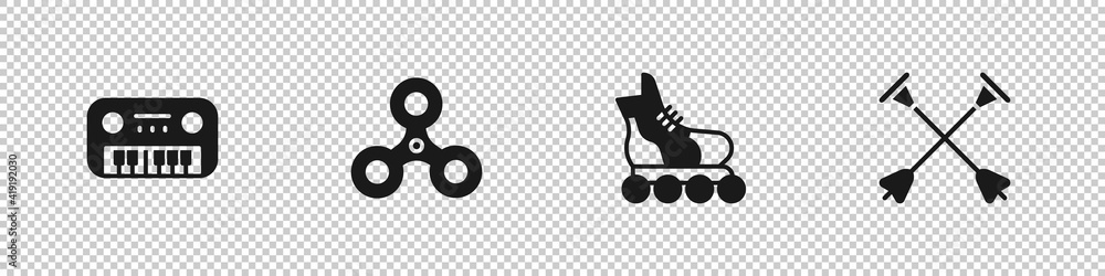 Sticker Set Toy piano, Fidget spinner, Roller skate and Arrow with sucker tip icon. Vector.