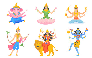 Obraz na płótnie Canvas Indian Gods vector set. Different Hindu Gods and Goddesses for India, Hinduism and religion concept. Cartoon illustrations isolated on white background