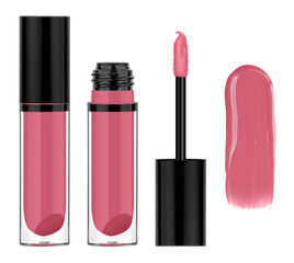 Pink lip gloss in glass container with black lid, brush and smeared sample, isolated on white...