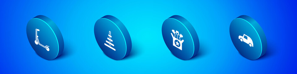 Set Isometric Scooter, Jack in the box toy, Toy car and Pyramid icon. Vector.