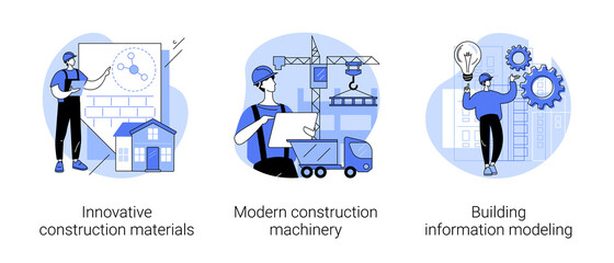 Construction technology innovation abstract concept vector illustration set. Innovative construction materials, modern machinery, building information modeling, project management abstract metaphor.