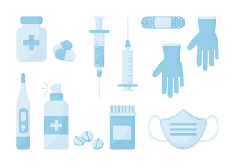 Medicine vector icon. Disinfectant, medical mask, antibacterial spray, syringe, pills, gloves, thermometer, adhesive plaster. Treatment illustration