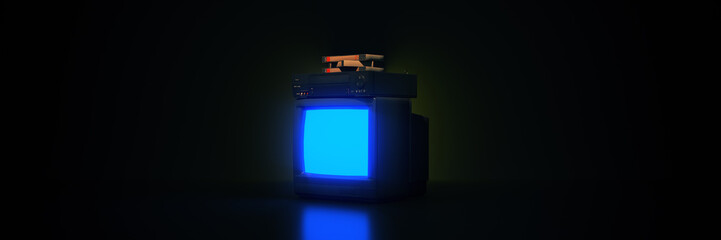 Retro wave, 80s concept. Video player with vhs cassette, old tv, neon light. 
