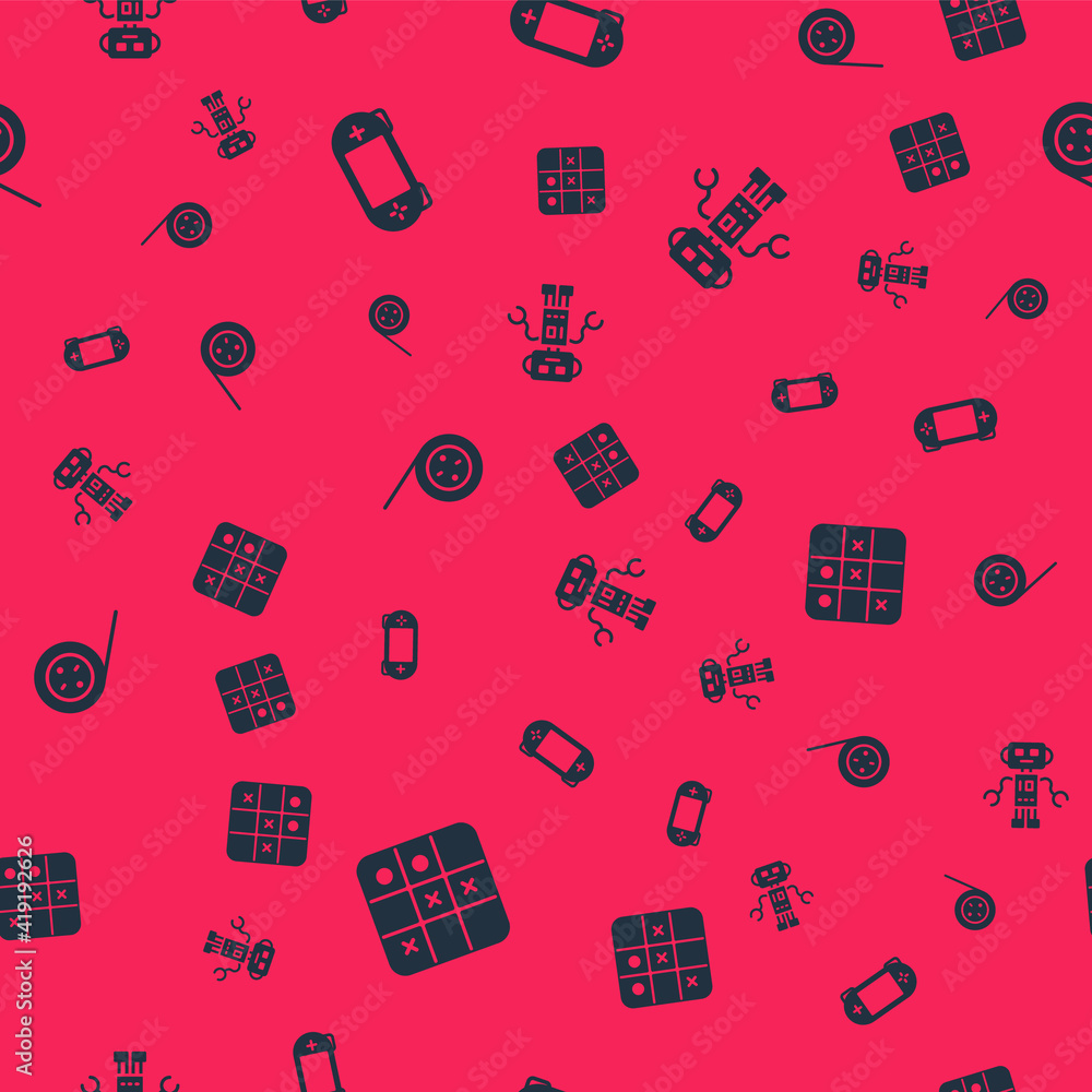 Poster set tic tac toe game, portable video console, yoyo toy and robot on seamless pattern. vector.