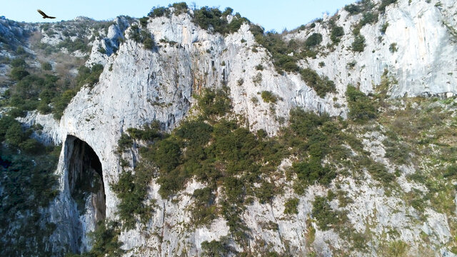 Cueva de la Leze con ave pasando cerca de la roca