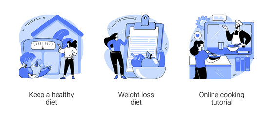 Food and nutrition tips abstract concept vector illustration set. Keep a healthy diet, weight loss, online cooking tutorial, meal plan, drink water, home chef, food blogger recipe abstract metaphor.