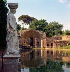 Roma. Villa Adriana, statue of caryatid  before the ruines of Canopo