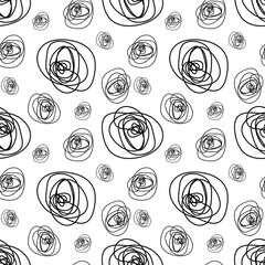 Abstract background of black spots on a white background. Strokes, lines, points, shapes. Seamless pattern. Vector illustration