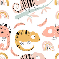 Vector hand-drawn colored childish seamless repeating simple flat pattern with chameleons in scandinavian style on a white background. Cute baby animals. Pattern for kids with chameleon. Lizard.