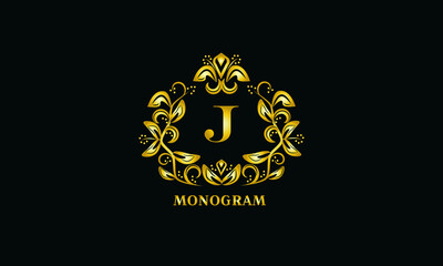Stylish design for invitations, menus, labels. Elegant gold monogram on a dark background with the letter J. The logo is identical for a restaurant, hotel, heraldry, jewelry.
