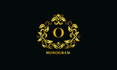 Stylish design for invitations, menus, labels. Elegant gold monogram on a dark background with the letter O. The logo is identical for a restaurant, hotel, heraldry, jewelry.