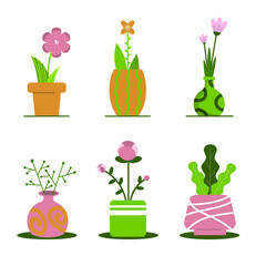 Collection of flowers in vases isolated on a white background. A bunch of bouquets. Set of decorative floral design elements. Vector flat cartoon illustration.