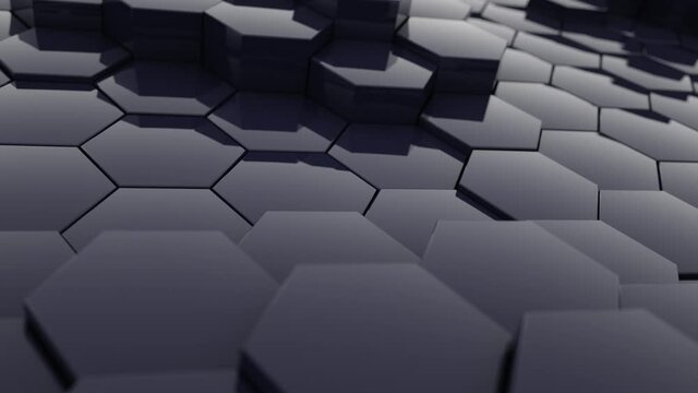 Abstract hexagon geometric surface, black minimal texture. Trendy sci-fi technology background. Abstract Honeycomb Background. Seamless loop 4K 3D pattern digital motion graphics