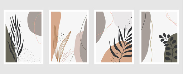 Fototapeta na wymiar Set of vector hand drawn artistic summer postcards with tropical palm leaves, organic shapes and textures.