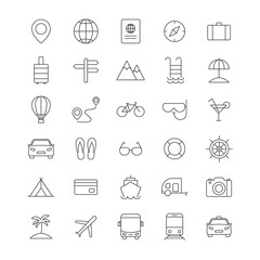 Travel line icons set. Vocation outline large collection. Tourism concept. Holiday summer concept. Vector isolated on white.