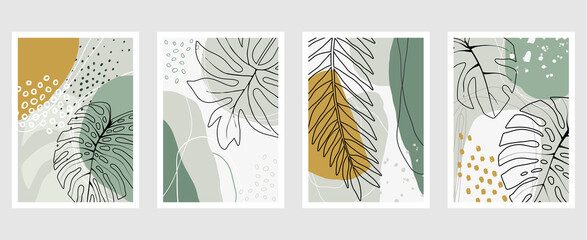 Set of vector hand drawn artistic summer postcards with tropical palm leaves, organic shapes and textures. - 419195424