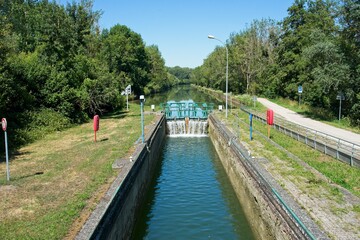 Moy-de-l'Aisne France - 30 July 2020 - Locks in Canal de la Sambre a l'Oise in France