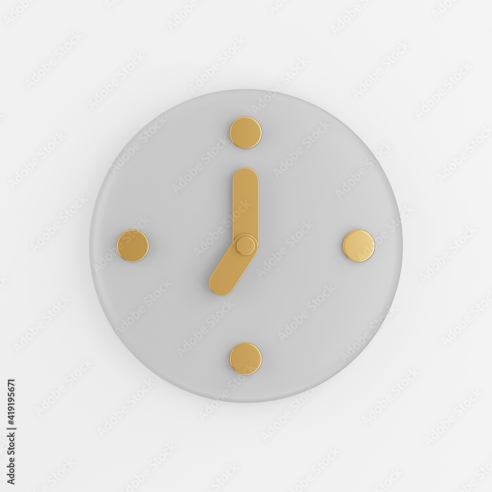 Poster wall clock icon with gold arrows. 3d rendering gray round key button, interface ui ux element.