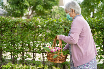 Asian senior or elderly old lady woman taking care of the garden work in home, hobby to relax and exercising with happy.