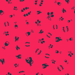 Set Bottle of olive oil, Laurel wreath, Wine glass and Olives branch on seamless pattern. Vector.