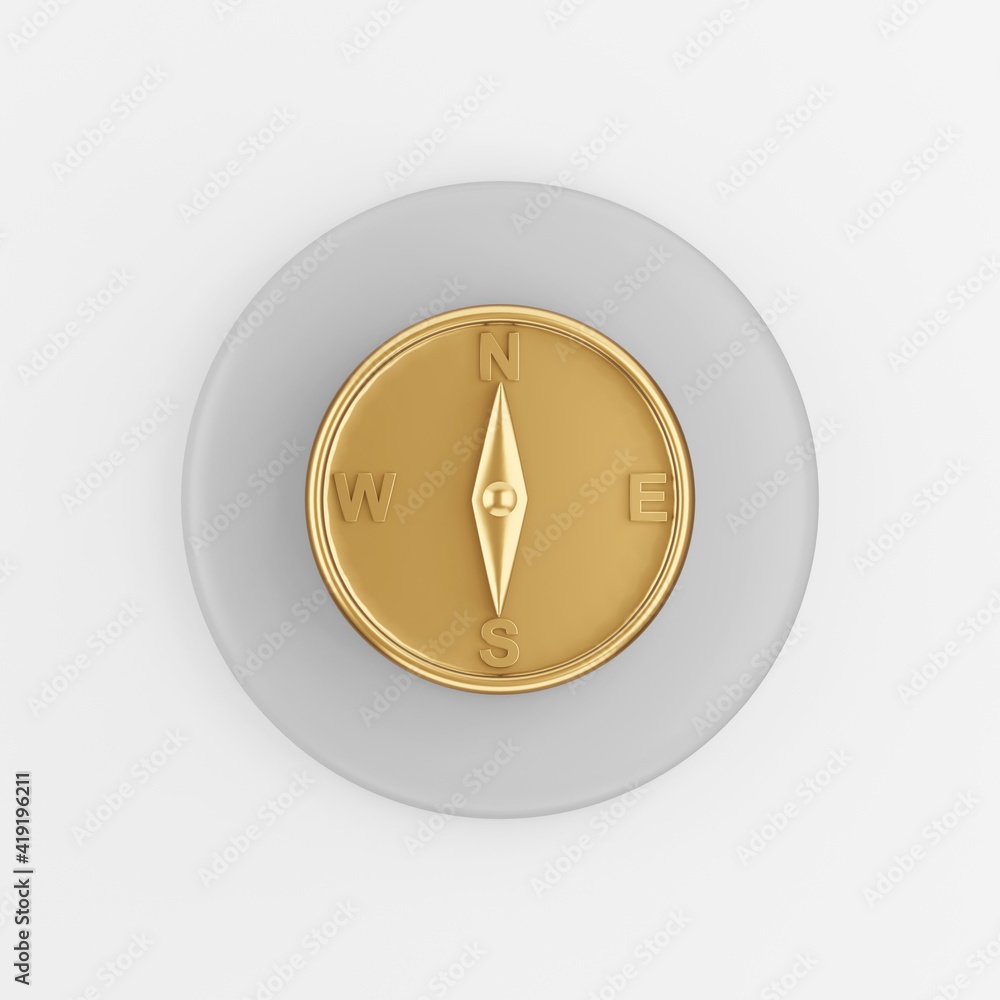 Poster golden magnetic compass icon. 3d rendering gray round key button, interface ui ux element.