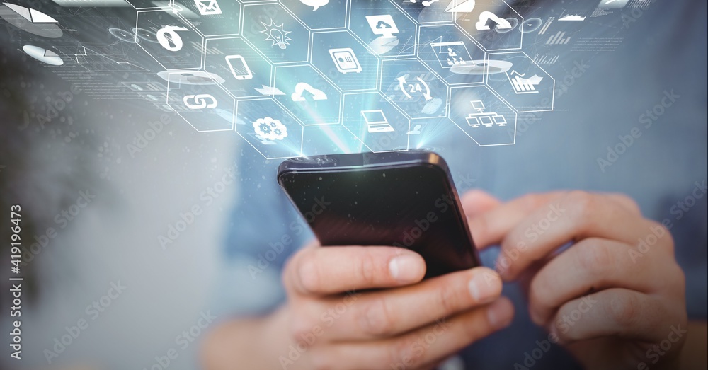 Poster digital interface with digital icons over mid section of man using smartphone