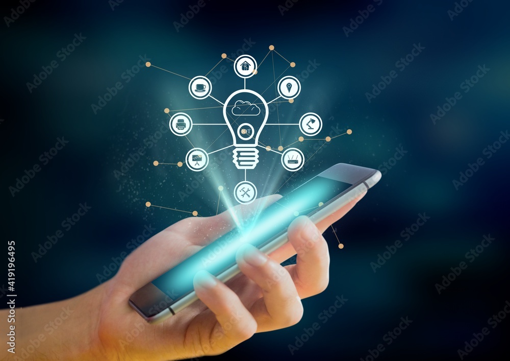 Poster digital interface with digital icons against person using smartphone